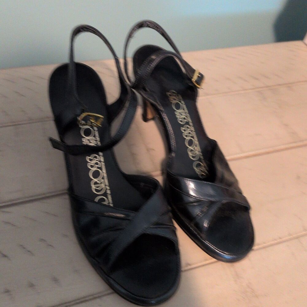 Vintage Red Cross Shoes Black Leather Slingback Heels Sandals Size 4.5 M Petite